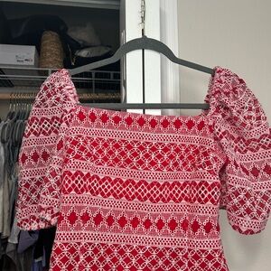 Red and White Puff Sleeve Blouse